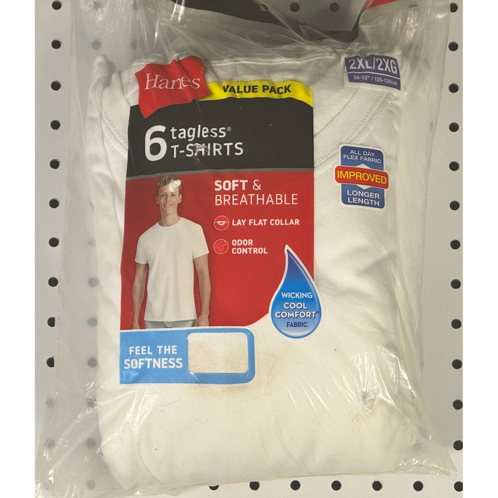 Hanes Mens 6 Pack Tagless White T-Shirts 2XL Crew Neck Cotton Undershirts Pack